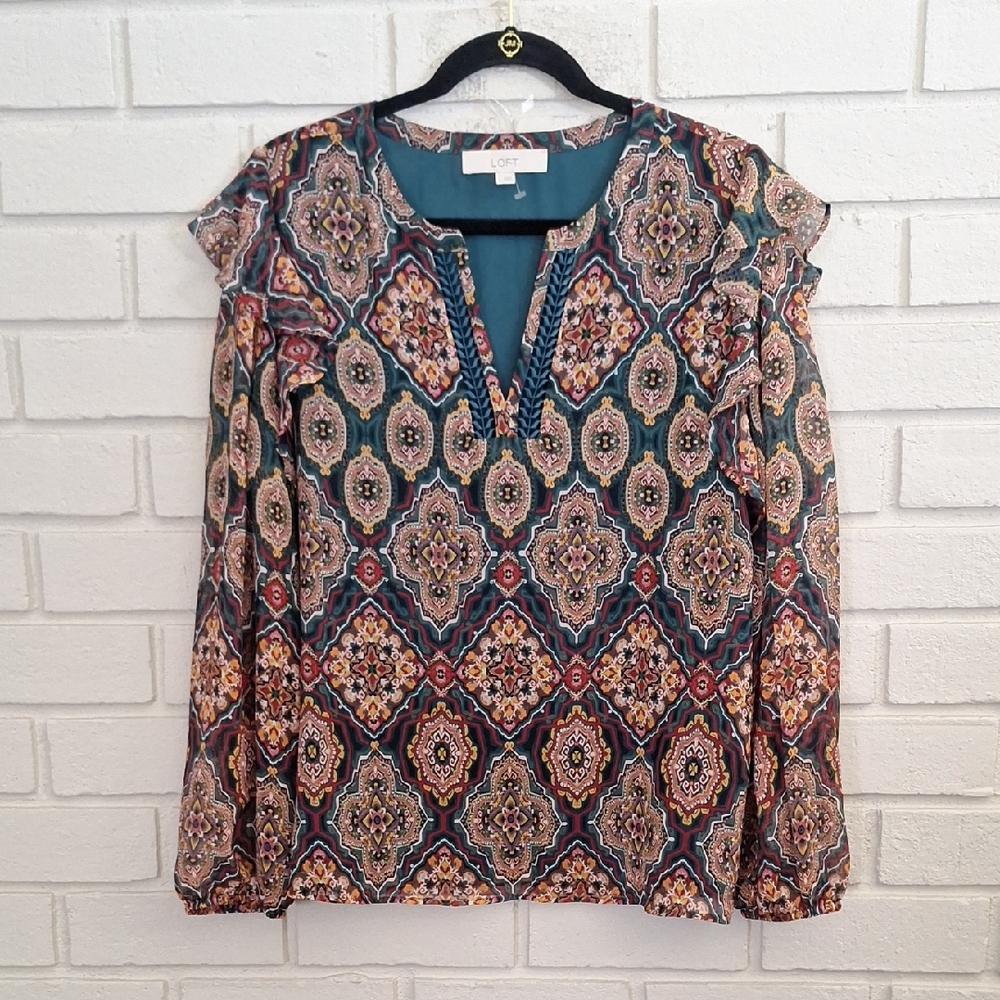 Loft Patterned Long Sheer Balloon Ruffle Sleeve Lined Blouse. Size Large NWOT